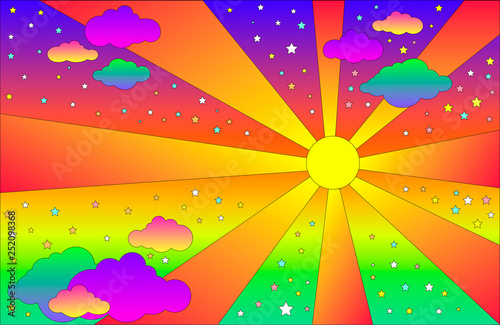 Cuadros en Lienzo Vintage psychedelic landscape with sun and clouds, stars