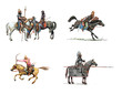 Ancient mounted warriors. Set of 4 isolated historical illustration. Medieval knights.