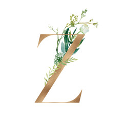 Wall Mural - Gold Floral Alphabet - letter Z with botanic branch bouquet composition. Unique collection for wedding invites decoration & other concept ideas.