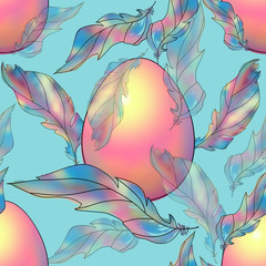 Wall Mural - Seamless pattern Easter with pink eggs and feathers on a blue background. Texture for textiles, print for fabric or wallpaper.