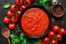 Homemade Tomato Sauce Passata - Traditional Recipe Of Italian Cuisine.Top View With Copy Space.