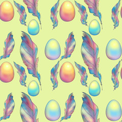 Wall Mural - Seamless pattern Easter with eggs and feathers on a color background. Texture for textiles, print for fabric or wallpaper.