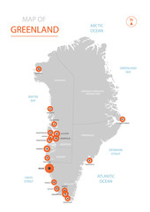 Wall Mural - stylized vector greenland map showing big cities, capital nuuk, administrative divisions.