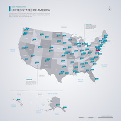 United States of America (USA) vector map with infographic elements, pointer marks.