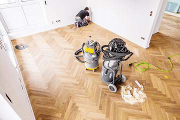 Building site. view from above on parquet floor. to lay parquet.