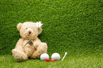 Wall Mural - Bear golfer is holding 19th hole flag with golf ball and tee on green gass background