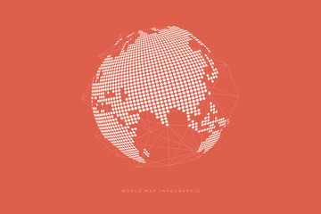 Poster - Simple Globe shape, World map created from dots on orange background. Global connection concept.