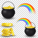 Fototapeta Dinusie - Cauldron full of gold coins and rainbow 