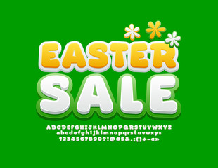 Vector cute banner Easter Sale with floral patter. Fresh Font for Kids Marketing. Green and White Alphabet Letters. 