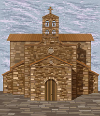 Spanish old medieval church in romanesque style, vector illustration