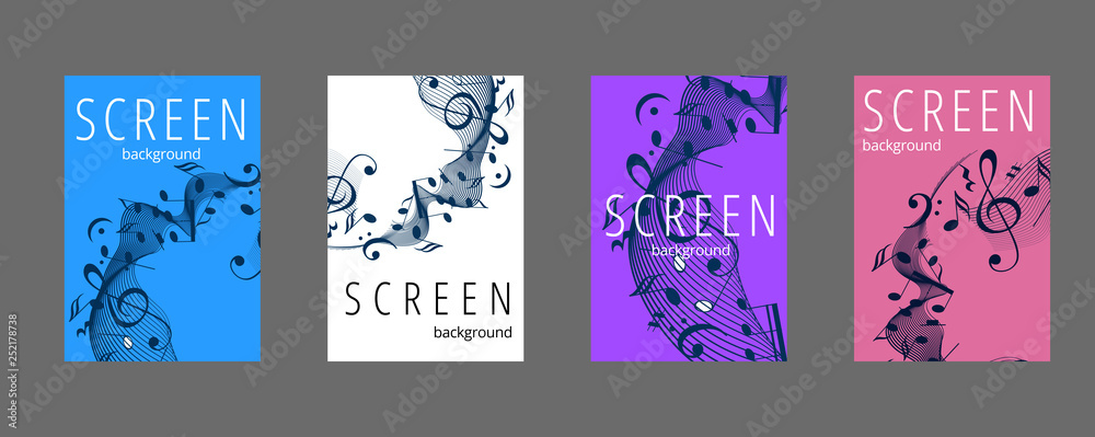 Musical banner set with colored key notes. Abstract music background. Vector paper illustration. - obrazy, fototapety, plakaty 