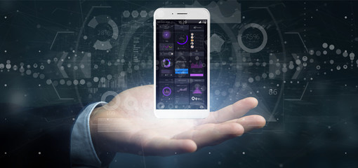 Poster - Businessman holding Smartphone with user interface data on the screen isolated on a background