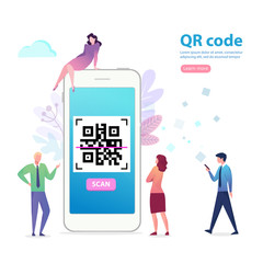  phone with QR code and characters. Flat vector cartoon illustration for web sites, banners. Location track app on touch screen smartphone