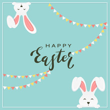 Easter Rabbits With Pennants On Blue Background