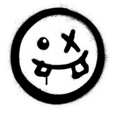 Wall Mural - graffiti silly emoticon smiling in black over white