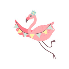 Sticker - Cute Flamingo with Party Flags, Beautiful Exotic Bird Character Vector Illustration