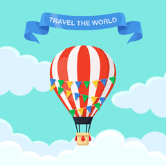  Hot air balloon in the sky with clouds. Flat cartoon design. Vector illustration