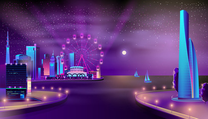 Wall Mural - Modern metropolis seafront neon colors cartoon vector with yachts sailing in bay, futuristic skyscrapers, illuminated urban buildings and Ferris wheel on quay illustration. Resort city night landscape