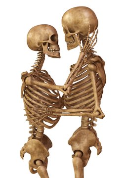 Skeletons of man and woman in the pose of lovers. Isolated on white background 3d illustration