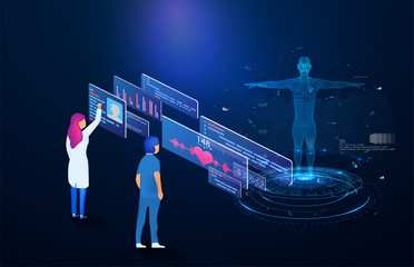 Poster - futuristic medical technology based isometric design, whole body scanning , doctor find out the dise