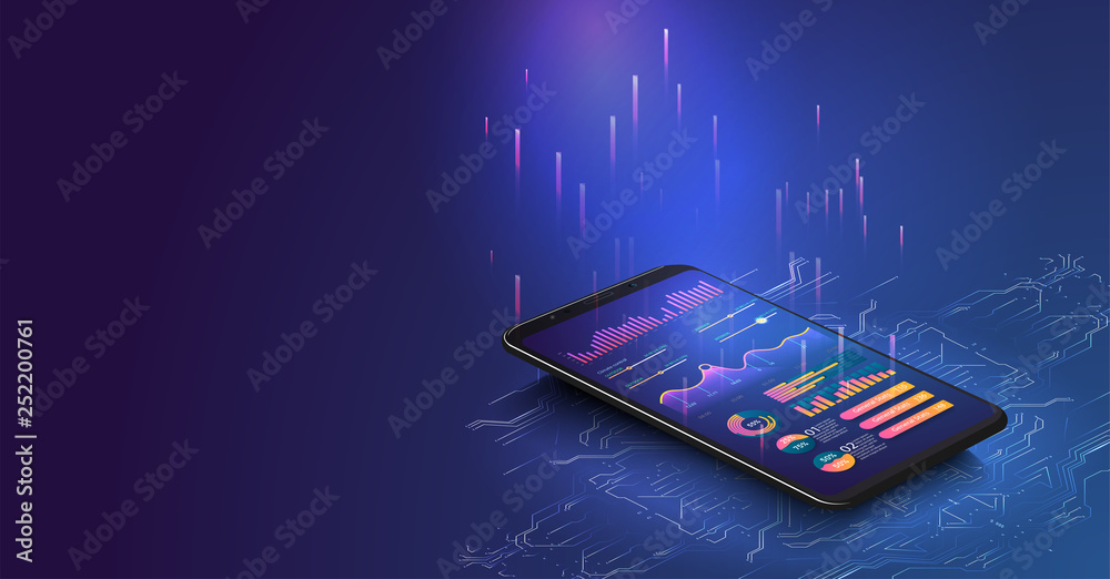 Application of smartphone with business graph and analytics data on isometric laptop . Analysis trends and financial strategy by using infographic chart. Online statistics and data Analytics. Vector - obrazy, fototapety, plakaty 