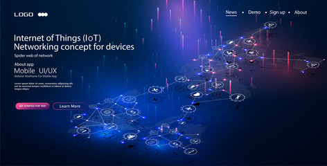 Fototapete - Internet of things (IoT) and networking concept for connected devices. Spider web of network connections with on a futuristic blue background.