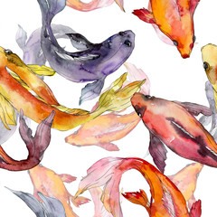 Wall Mural - Aquatic underwater colorful tropical goldfish set. Watercolor background illustration set. Seamless background pattern.