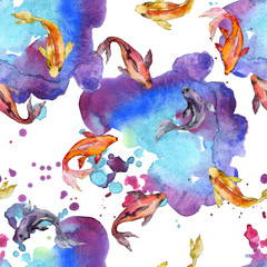 Wall Mural - Aquatic underwater colorful tropical goldfish set. Watercolor background illustration set. Seamless background pattern.