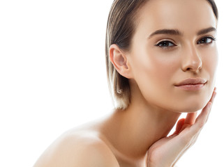 beauty woman face portrait. beautiful model girl with perfect fresh clean skin color lips purple red