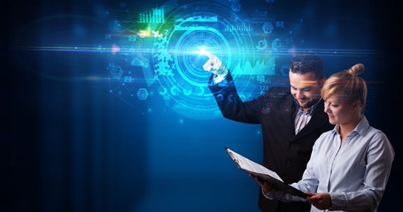 Poster - Man and woman touching hologram screen displaying medical symbols and charts
