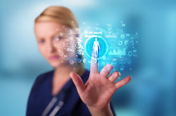 Poster - Doctor touching hologram screen displaying medical symbols and charts
