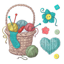 Set For Handmade Basket With Balls Of Yarn, Elements And Accessories For Crochet And Knitting.
