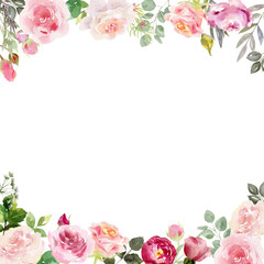 Wall Mural - Handpainted watercolor frame template mockup with blooming flowers roses and leaves.