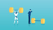 Vector of a businessman standing next to weights unable to perform a task vs a capable robot