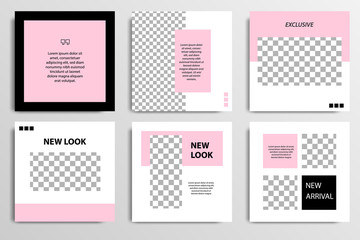 Wall Mural - Editable square abstract geometric banner template for social media post. Black and pink frame in the white background. Minimal design background vector illustration