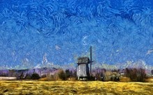 Nature Landscape And Old Historical Mill In Village. Impressionism Oil Painting In Vincent Van Gogh Modern Style. Creative Artistic Print For Canvas Or Textile. Wallpaper, Poster Or Postcard Design.