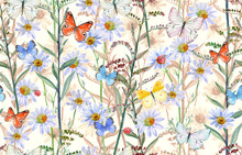 Seamless Texture With Meadow Flowers And Flying Butterflies. Watercolor Painting