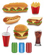 fast food items-hamburger, fries, hotdog, drinks, sandwich, baguette	