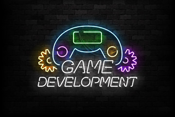 Wall Mural - Vector realistic isolated neon sign of Game Development logo for template decoration on the wall background. Concept of gaming.