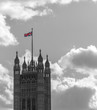 Houses of parliament with British flag, black and white with colour flag