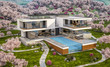 © korisbo - 3d rendering of modern cozy house by the river with garage. Fresh spring day with a blooming garden. For sale or rent with flowers of sakura on background.