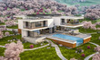 © korisbo - 3d rendering of modern cozy house by the river with garage. Fresh spring day with a blooming garden. For sale or rent with flowers of sakura on background.
