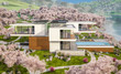 © korisbo - 3d rendering of modern cozy house by the river with garage. Fresh spring day with a blooming garden. For sale or rent with flowers of sakura on background.