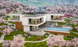 © korisbo - 3d rendering of modern cozy house by the river with garage. Fresh spring day with a blooming garden. For sale or rent with flowers of sakura on background.