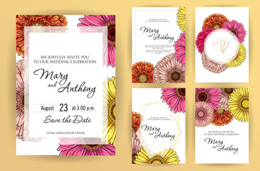 Set of wedding invitation card flowers Gerbera. A5 wedding invitation design template on white background. vector Hand drawn colorful marker illustration.Doodle sketch line on white background frame