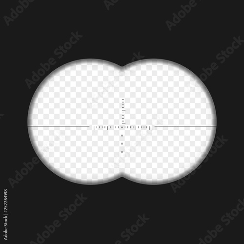 Realistic military binoculars inside view. Scope with measurement marks