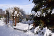 ławka i ogród w śniegu, słońce, mróz, relaks