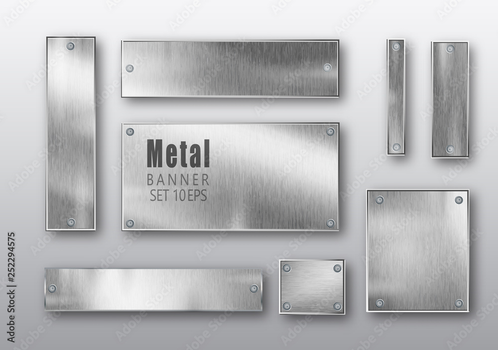 Metal banners set realistic. Vector Metal brushed plates with a place for inscriptions isolated on transparent background. Realistic 3D design. Stainless steel background. - obrazy, fototapety, plakaty 