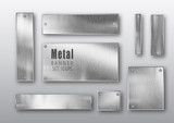 Fototapeta  - Metal banners set realistic. Vector Metal brushed plates with a place for inscriptions isolated on transparent background. Realistic 3D design. Stainless steel background.