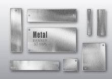 Metal Banners Set Realistic. Vector Metal Brushed Plates With A Place For Inscriptions Isolated On Transparent Background. Realistic 3D Design. Stainless Steel Background.